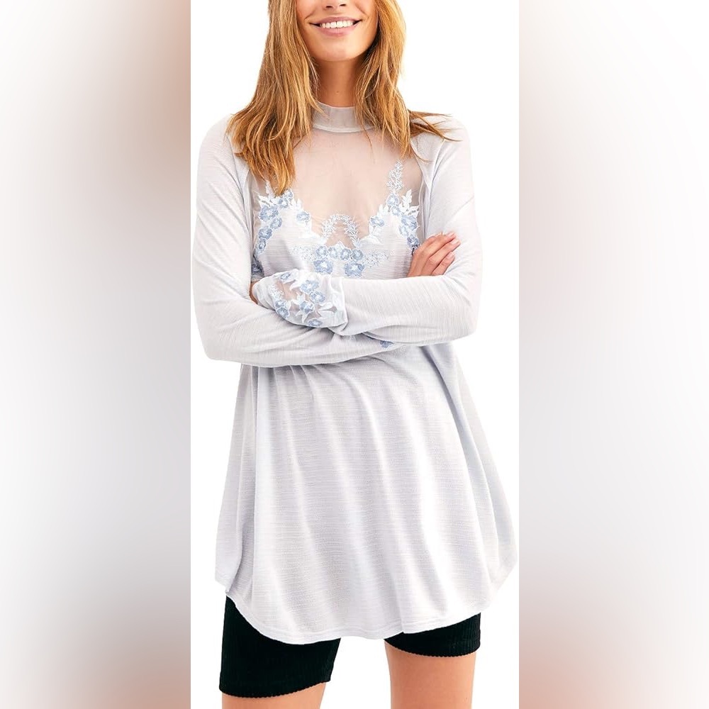 Free People Sheer White and Blue Floral Robe